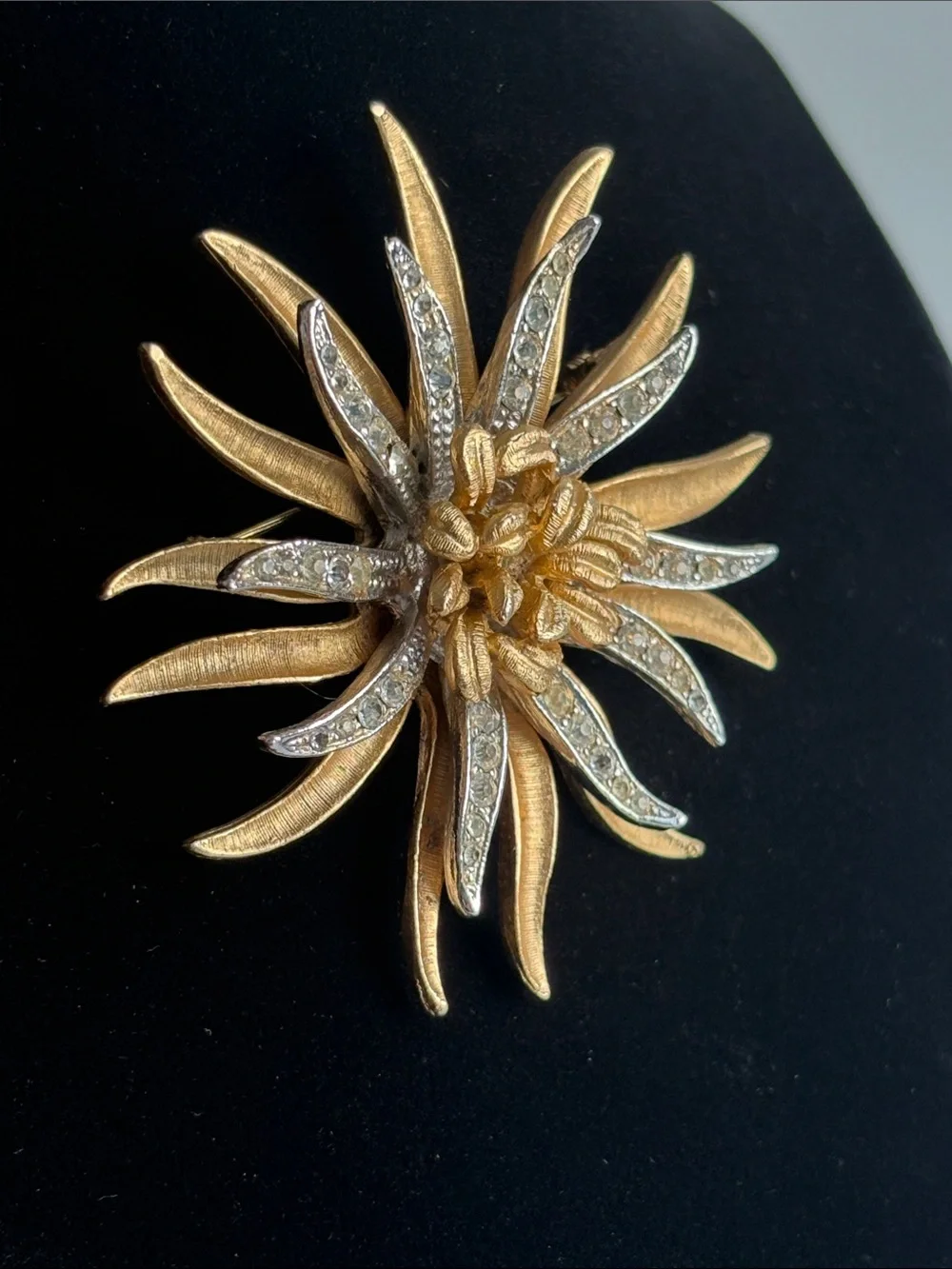 Vintage Coro Gold Rhinestone Chrysanthemum Flower Brooch 1950s–60s